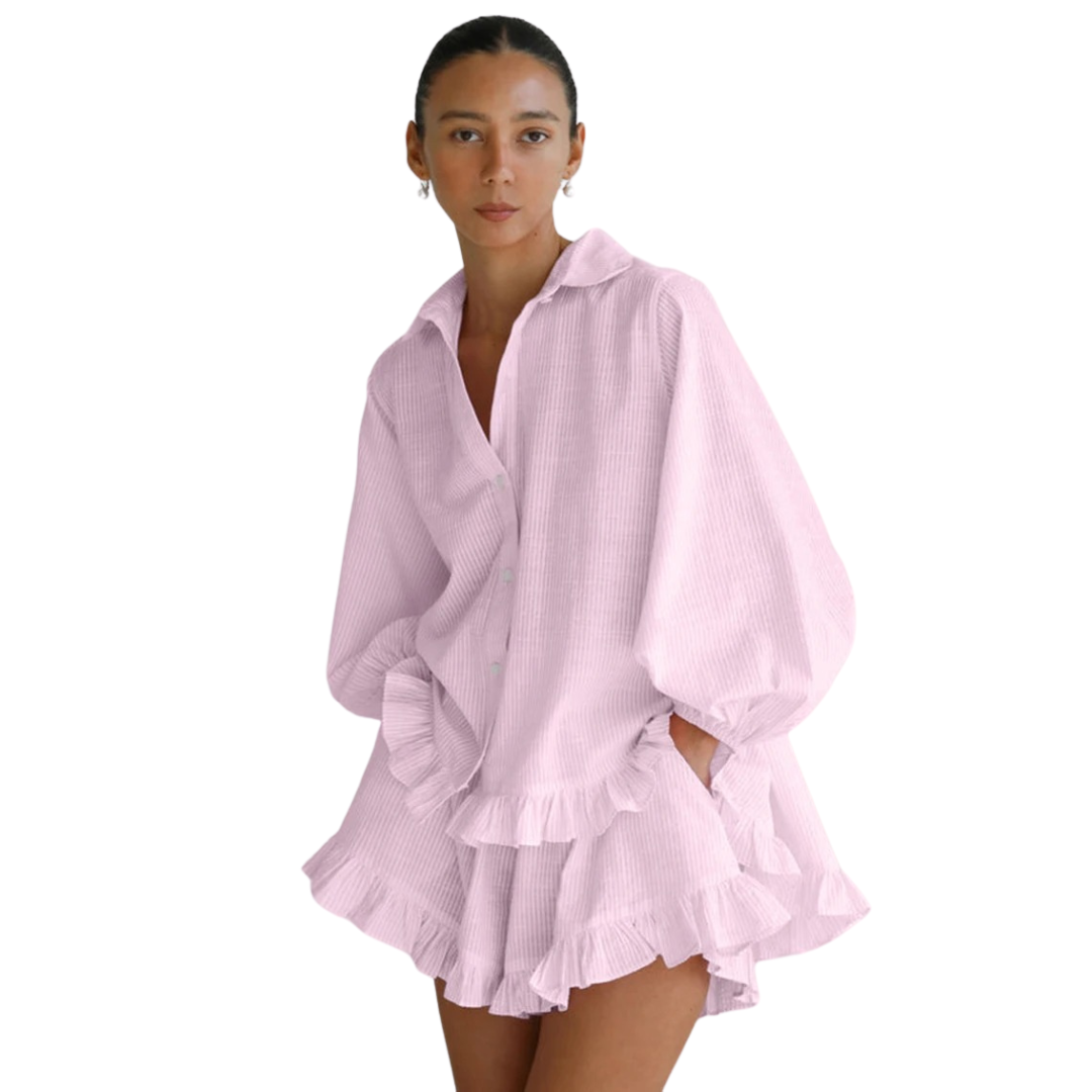 Women’s Ruffle Hem Button-Up Lounge Set