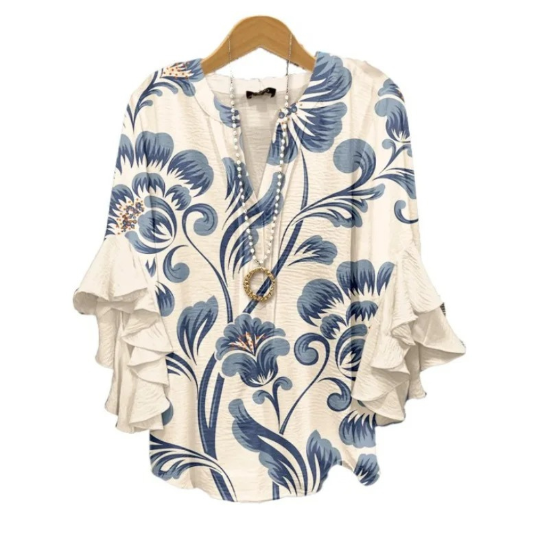 Women’s Blue Botanical Ruffle Sleeve Blouse – 24hr Dispatch