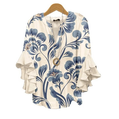 Women’s Blue Botanical Ruffle Sleeve Blouse – 24hr Dispatch