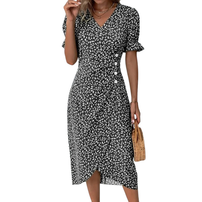 Women’s Floral V-Neck Button Wrap Dress