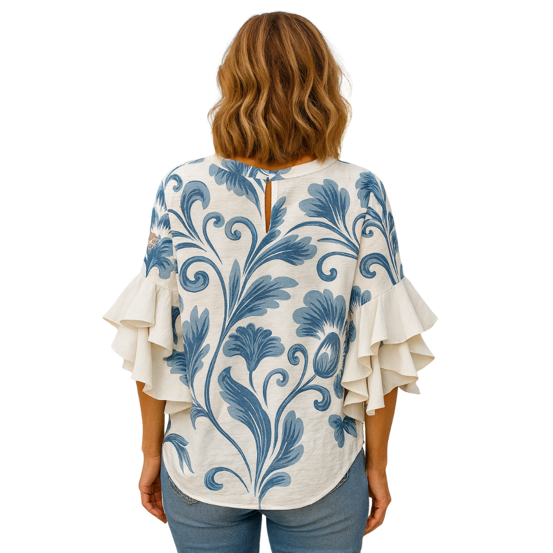 Women’s Blue Botanical Ruffle Sleeve Blouse – 24hr Dispatch