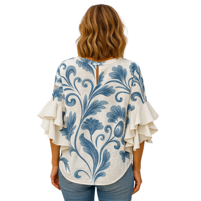 Women’s Blue Botanical Ruffle Sleeve Blouse – 24hr Dispatch