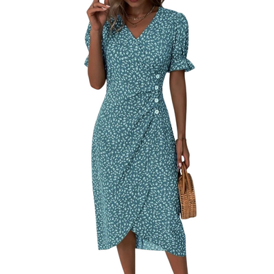 Women’s Floral V-Neck Button Wrap Dress