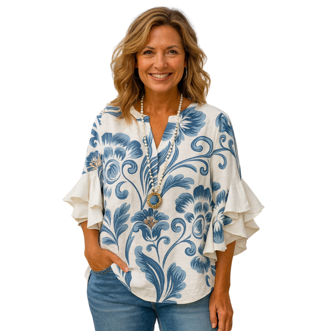Women’s Blue Botanical Ruffle Sleeve Blouse – 24hr Dispatch